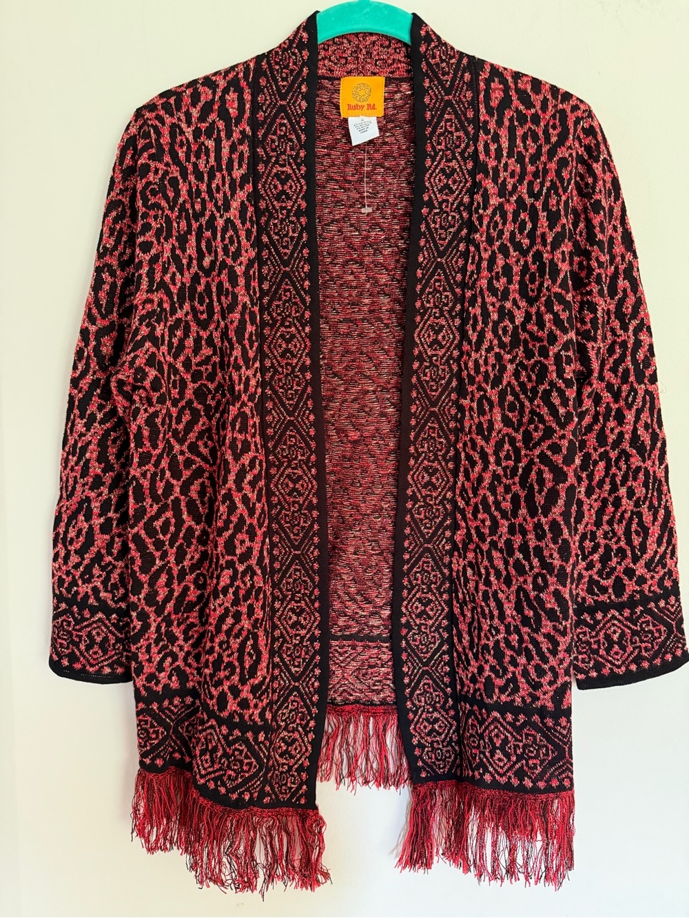 NWOT Ruby Red Animal Print Open-Front Fringe Cardigan Sweater S Small